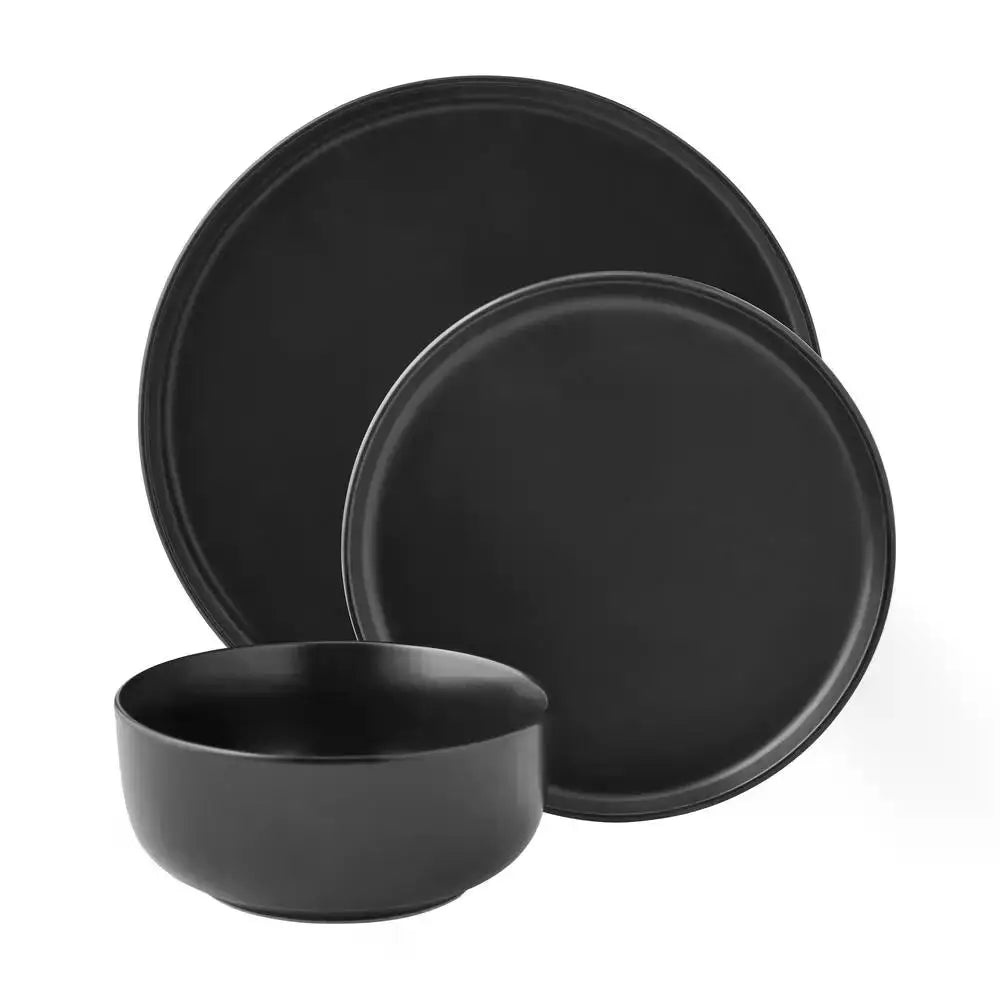 Matte Black Stoneware Dinnerware Set Chic Minimalist Design 12-Piece Set