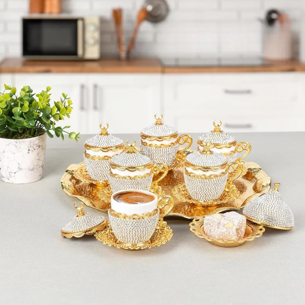 Crystal Gold Turkish Greek Arabic Espresso Cups and Saucers Set