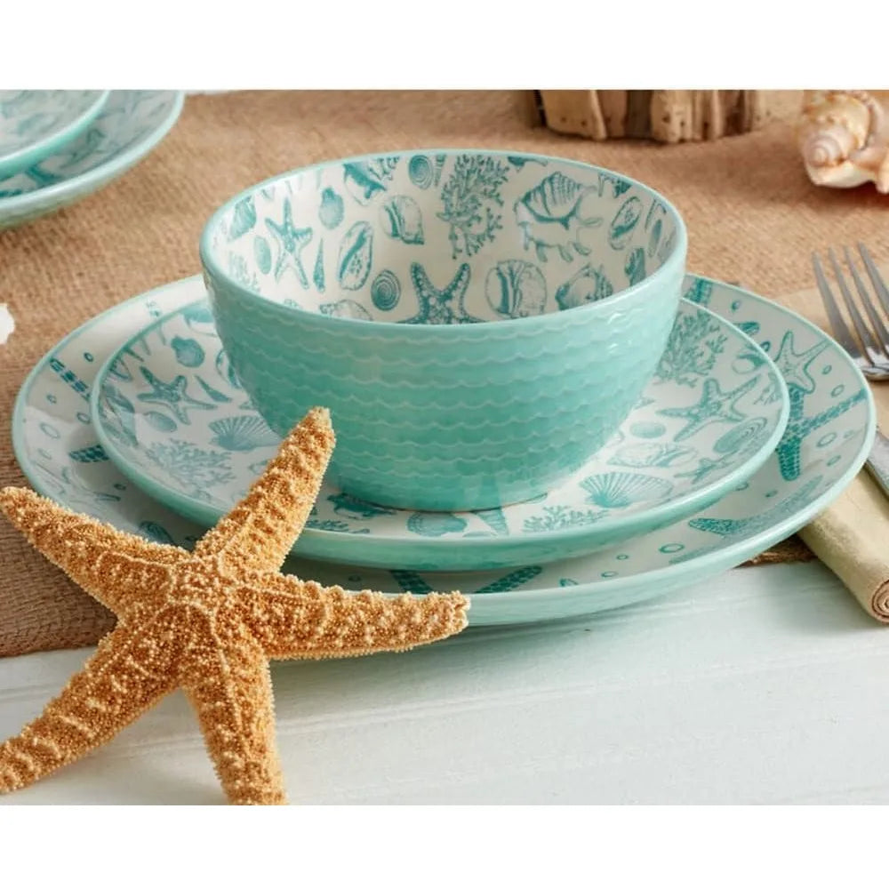 16-Piece Stoneware Dinnerware Set, Service for 4, Aqua/White