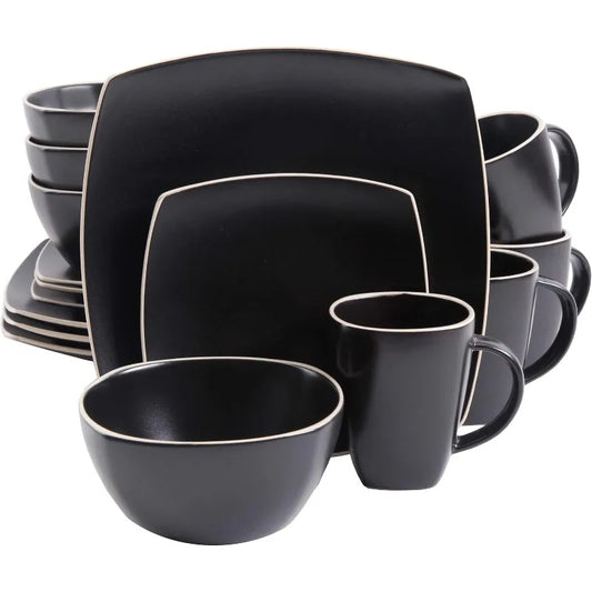 Lounge Tableware Set, Service for 4 People (16 Pieces), Matte Black