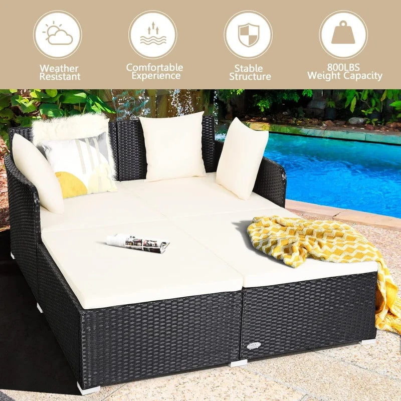 Outdoor Wicker Rattan Patio Daybed with Padded Cushions