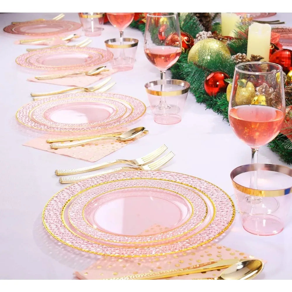 175PCS Pink and Gold Disposable and Reusable Plastic Plates Set