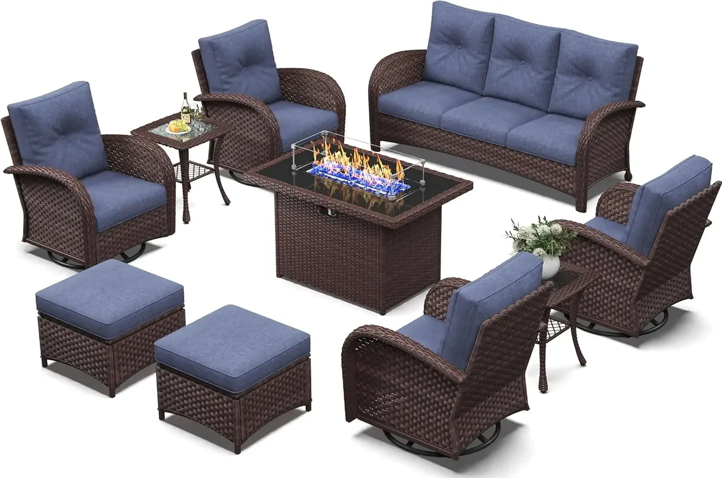 10 Piece Wicker Rattan High Back Patio Furniture Set with Fire Pit Table