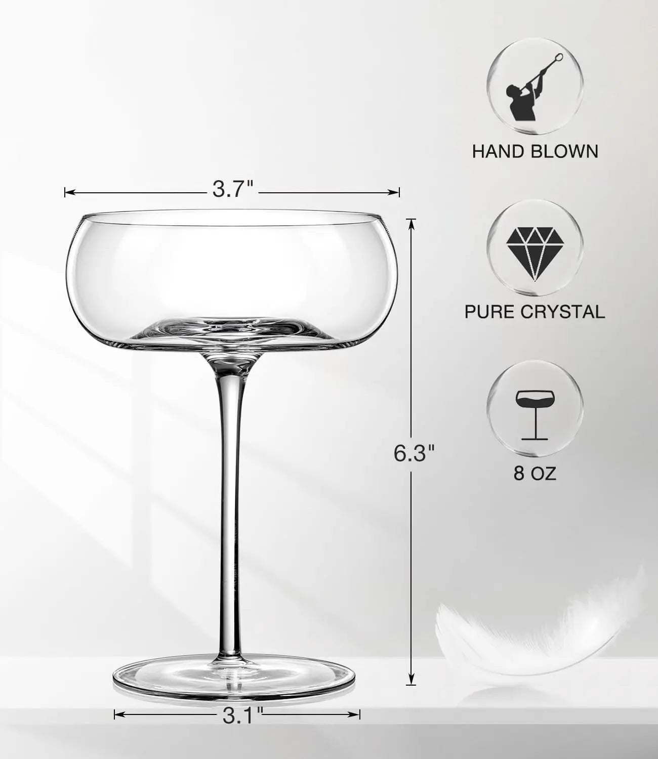 Set Of 4, 8 Oz Hand Blown Fancy Champagne Coupe Cocktail Glasses