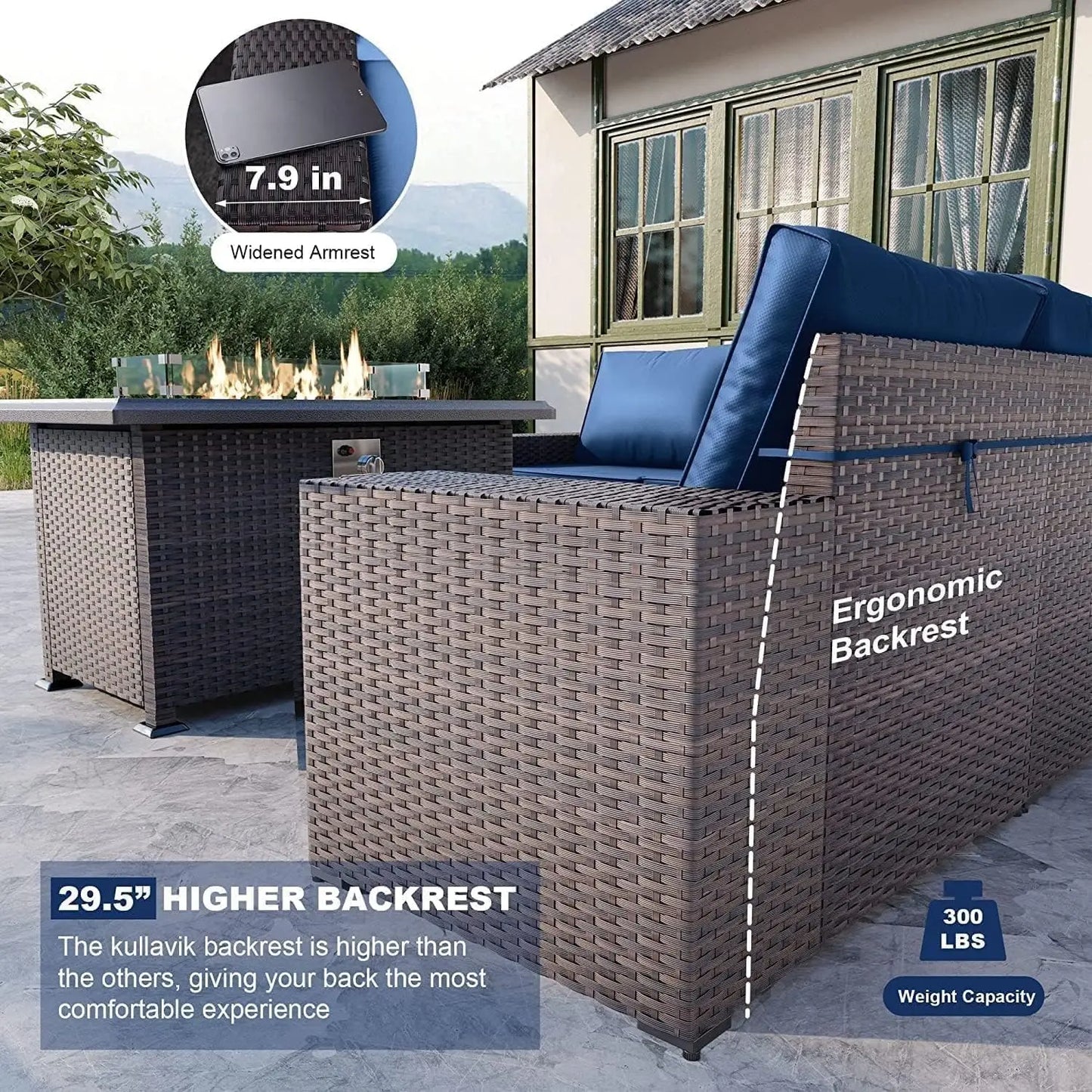 (Dark Blue) 10 PCS Wicker Rattan Sectional Sofa Patio Conversation Sets w/ Fire Pit Table