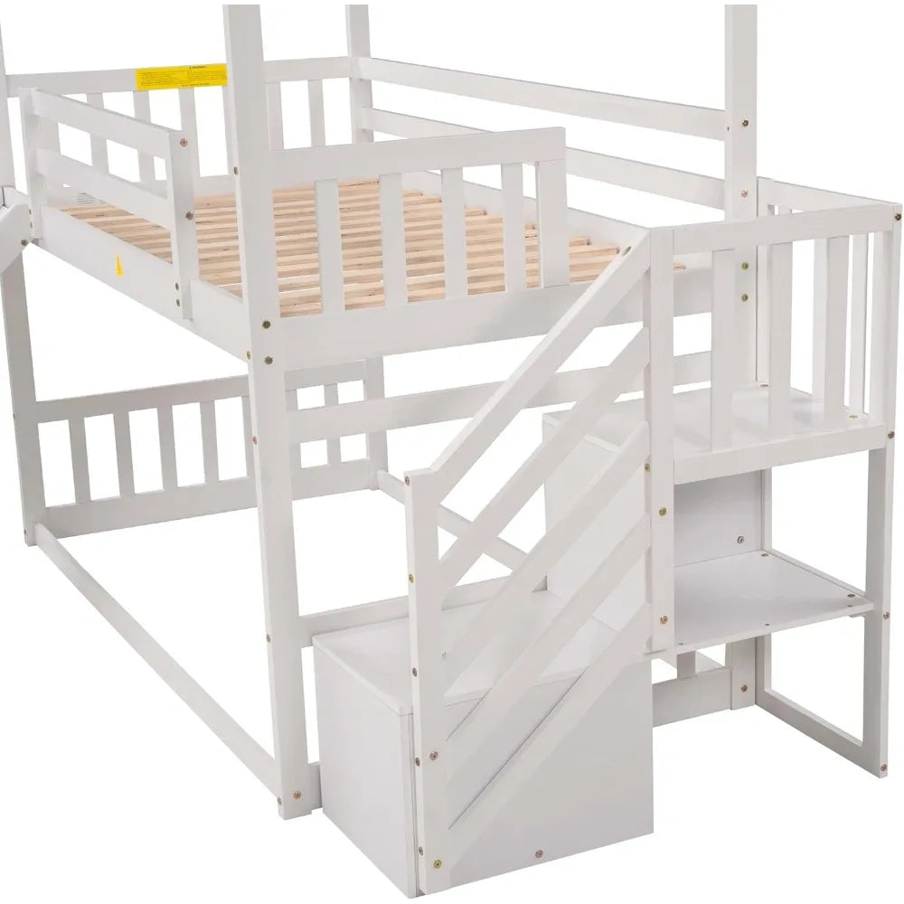 Twin Over Twin Solid Wood House Bunk Bed Frame with Slide