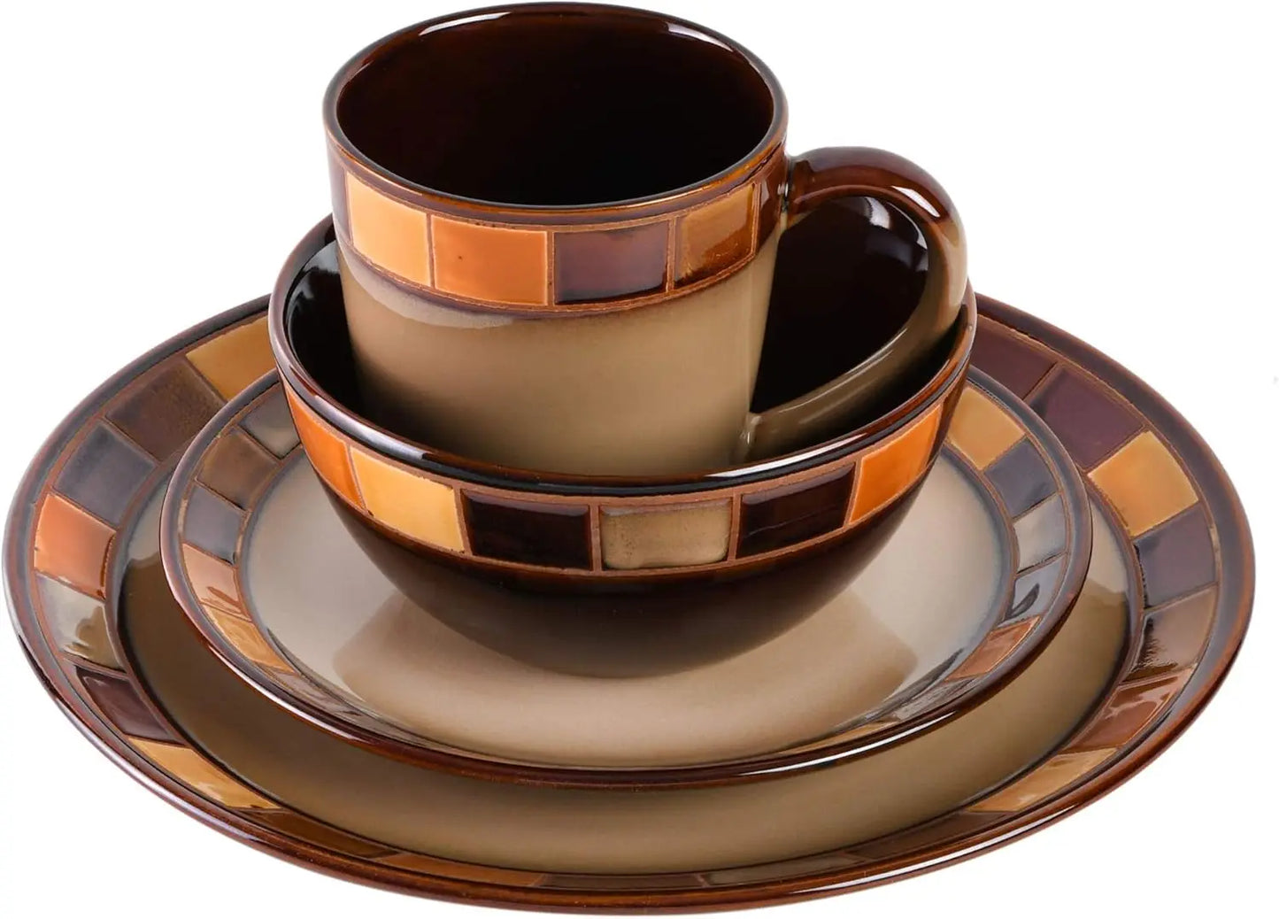 16-piece Ceramic Dinnerware Set, Service for 4- Beige and Brown, Dishwasher and Microwave Safe