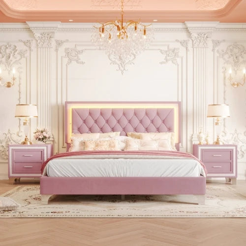 3-Piece Queen Size Upholstered Bedroom Set - Pink or Grey