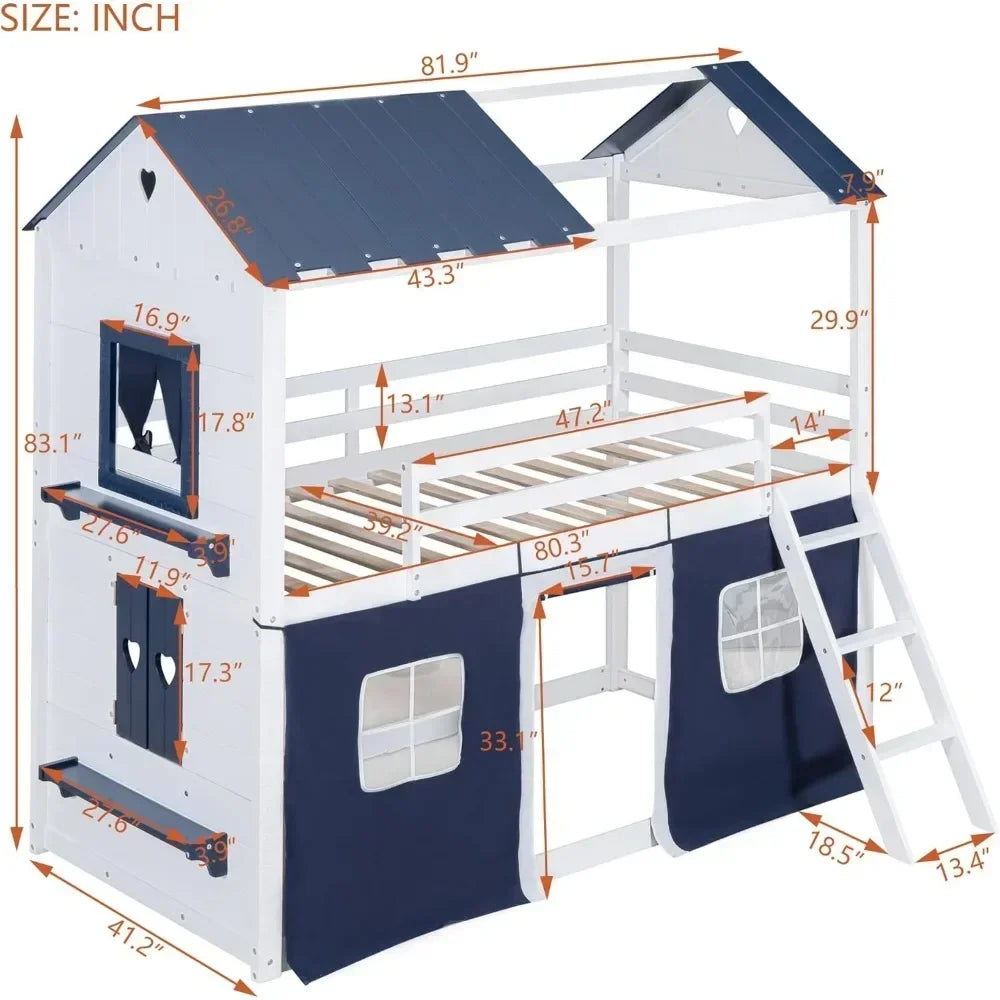 Kids House Loft Bunk Bed with Tent, Ladders, Guardrail, Windows & Roof