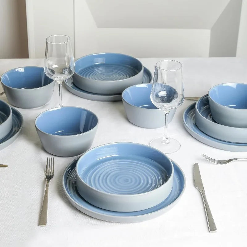 12-Piece Modern Stoneware Dinnerware Plates and Bowls Set for 4, Blue and Grey