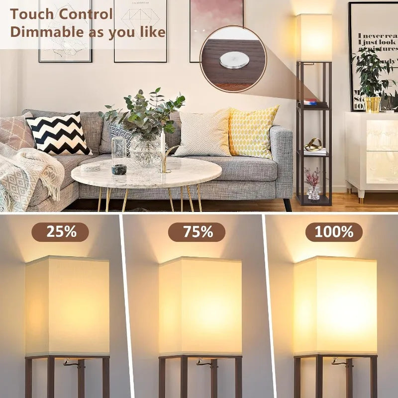 Touch Control LED Floor Lamp with Shelves, Charging USB, Type C Port and Power Outlet