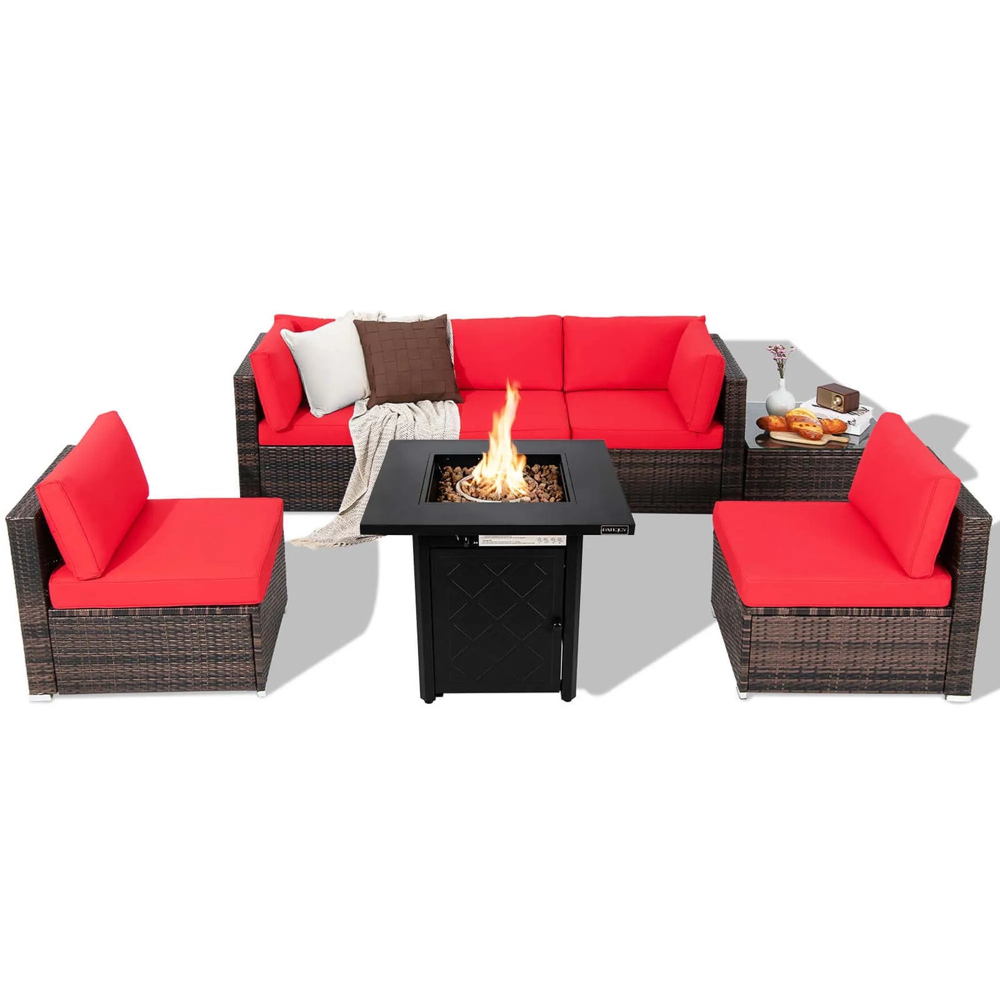 7 PCS Patio Set with 28" 50000 BTU Propane Gas Fire Pit Table, Red