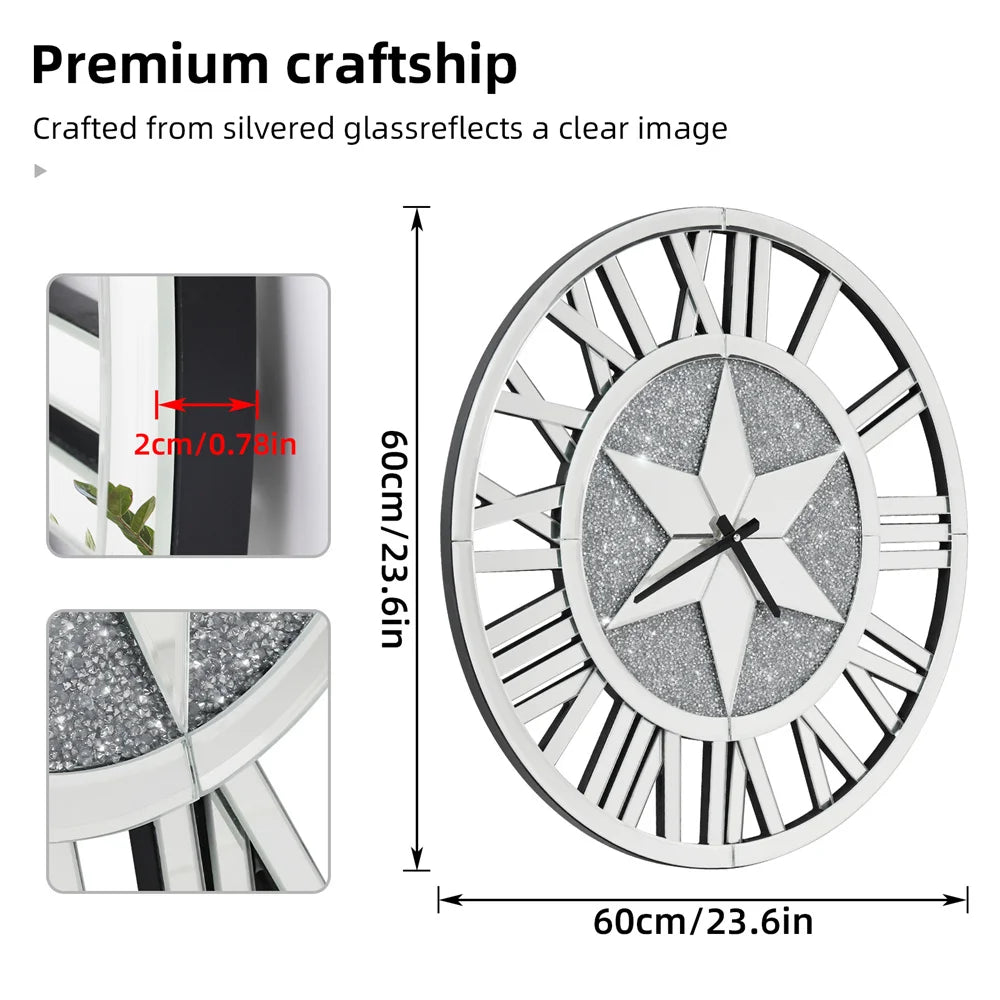 Battery Operated Decorative Silver Glass Crush Diamond Wall Clock with Roman Numerals