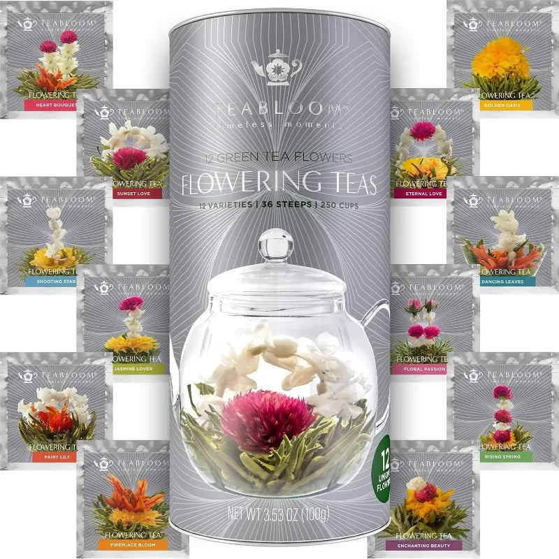 Complete Elegant Tea Set – Teapot (40 OZ), Loose Tea Infuser, 4 Insulated Glass Teacups, Tea Warmer, and 12 Flowering Teas