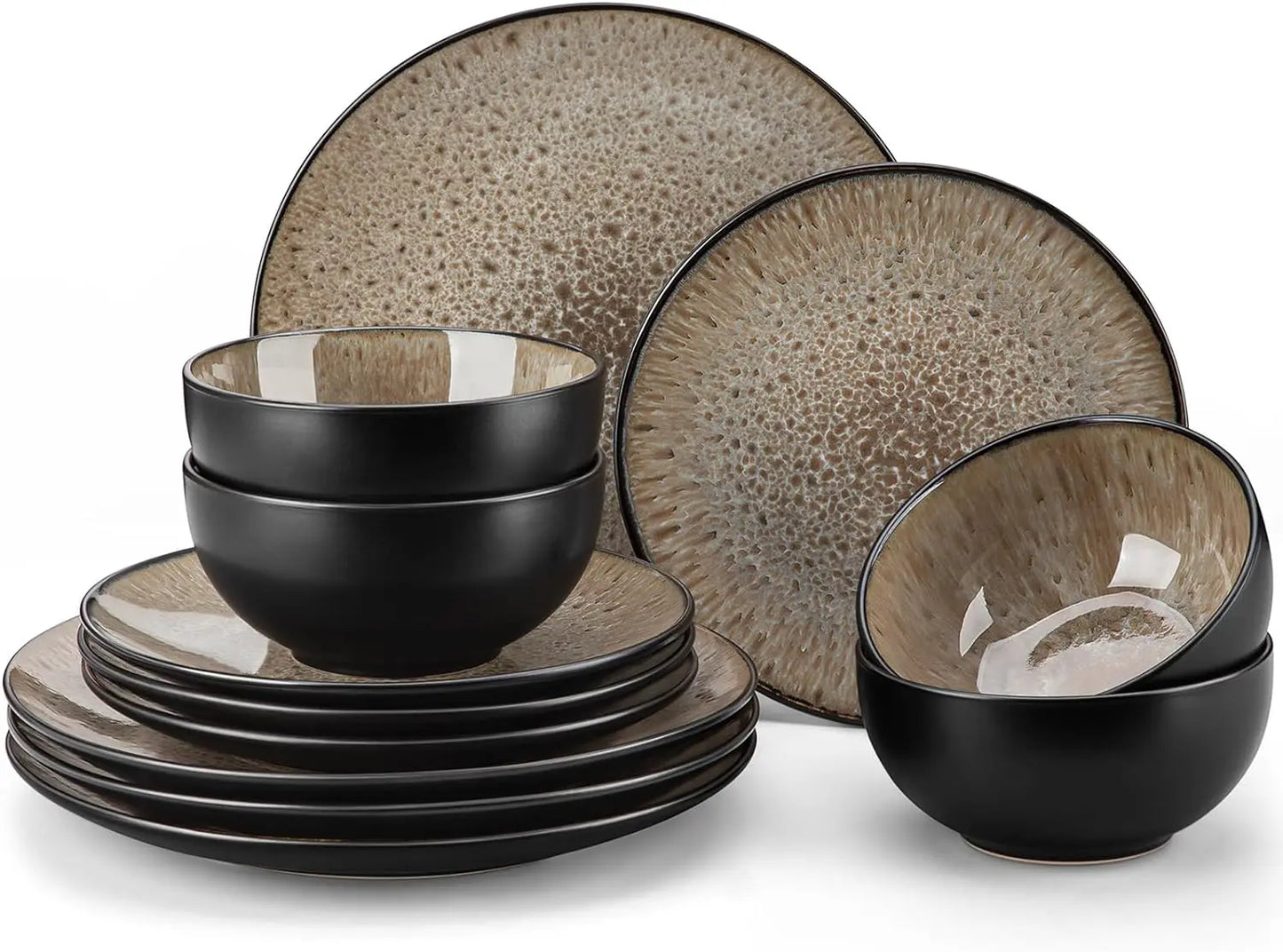 12 Piece Bubble Plates and Bowls Dinnerware Sets, Service for 4, Reactive Glaze Stoneware