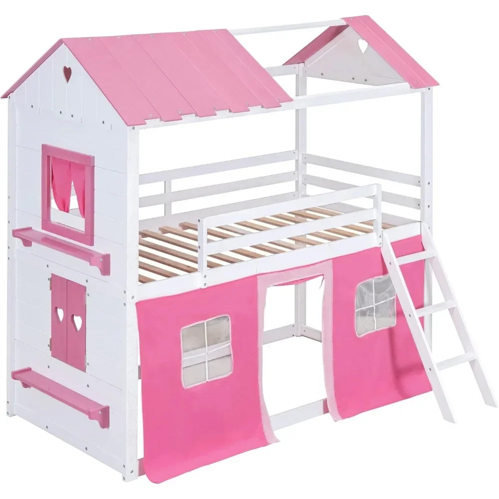 Kids House Loft Bunk Bed with Tent, Ladders, Guardrail, Windows & Roof