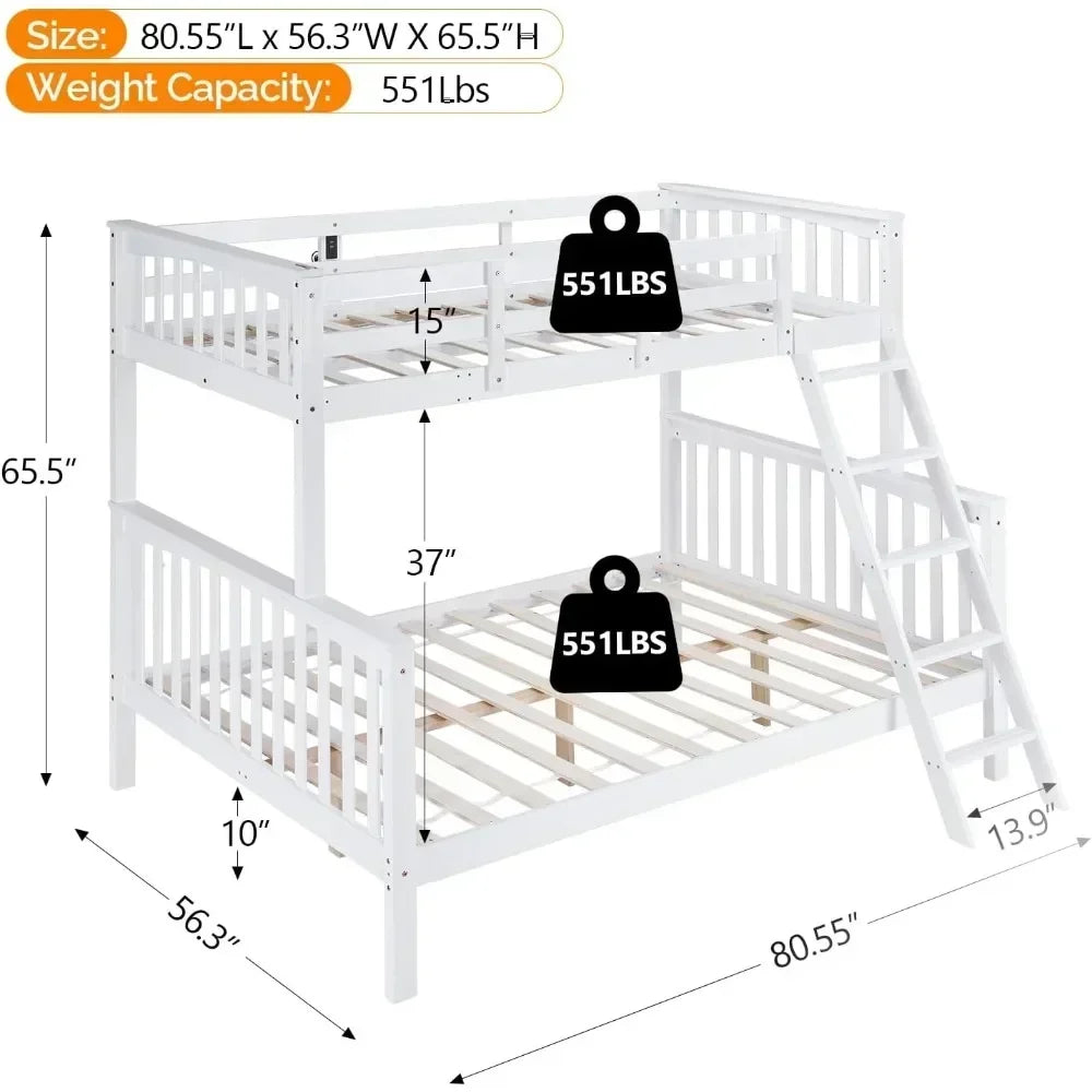 Bunk Bed  with LED Light/USB Port/15’’ Extra Tall Safety Guardrails, Convertible into a Twin Loft Bed Solid Wood