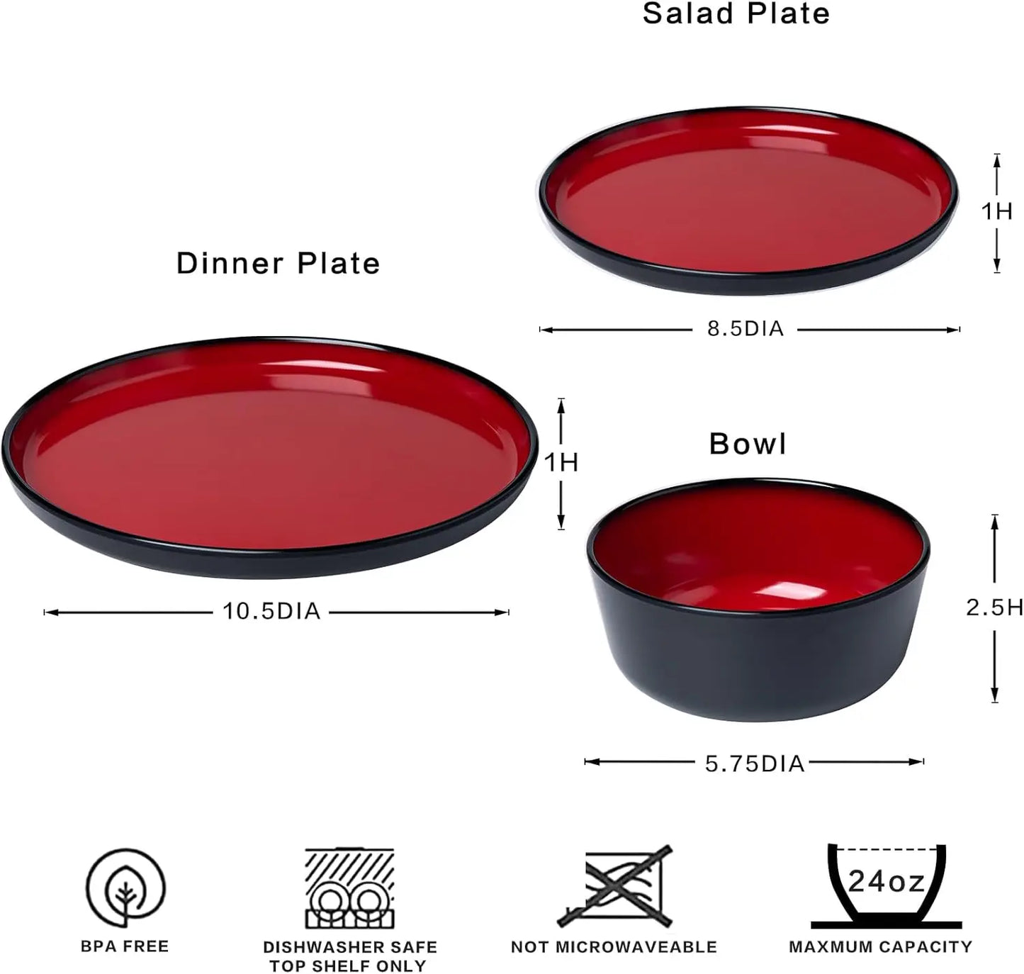 12-Piece Luxury 2 tone Red and Black Melamine Dinnerware Set