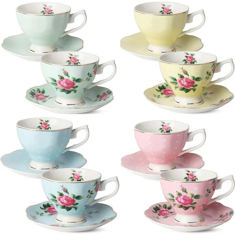 Set of 8 (8 oz), Floral Tea Cups and Saucers, Multi-Color with Gold Trim and Gift Box