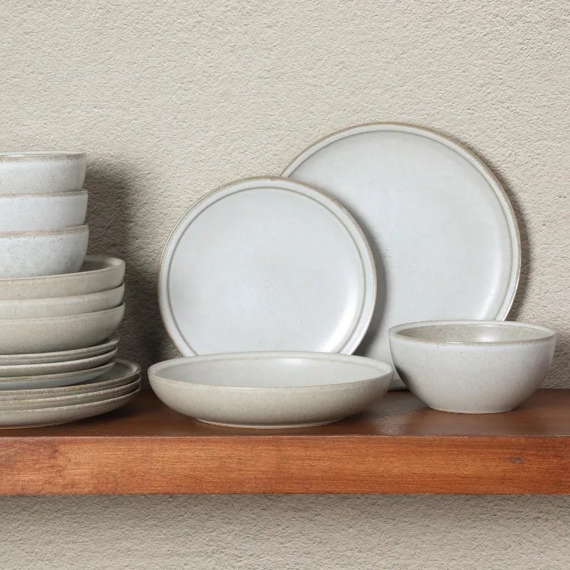 Beckett Stoneware Matte Reactive Glaze 16 Piece (Service for 4) Plates and Bowls Dinnerware Set - Linen White