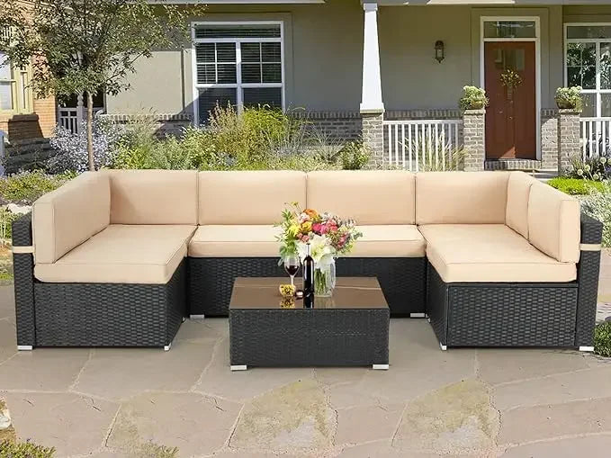 7 Piece Wicker Outdoor Sectional Sofa Patio Furniture Set