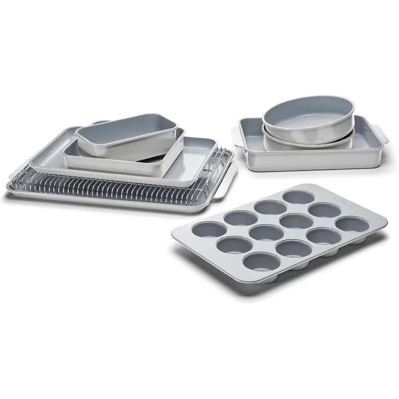 Nonstick Ceramic Bakeware Set (11 Pieces) - Baking Sheets, Assorted Baking Pans, Cooling Rack, & Storage