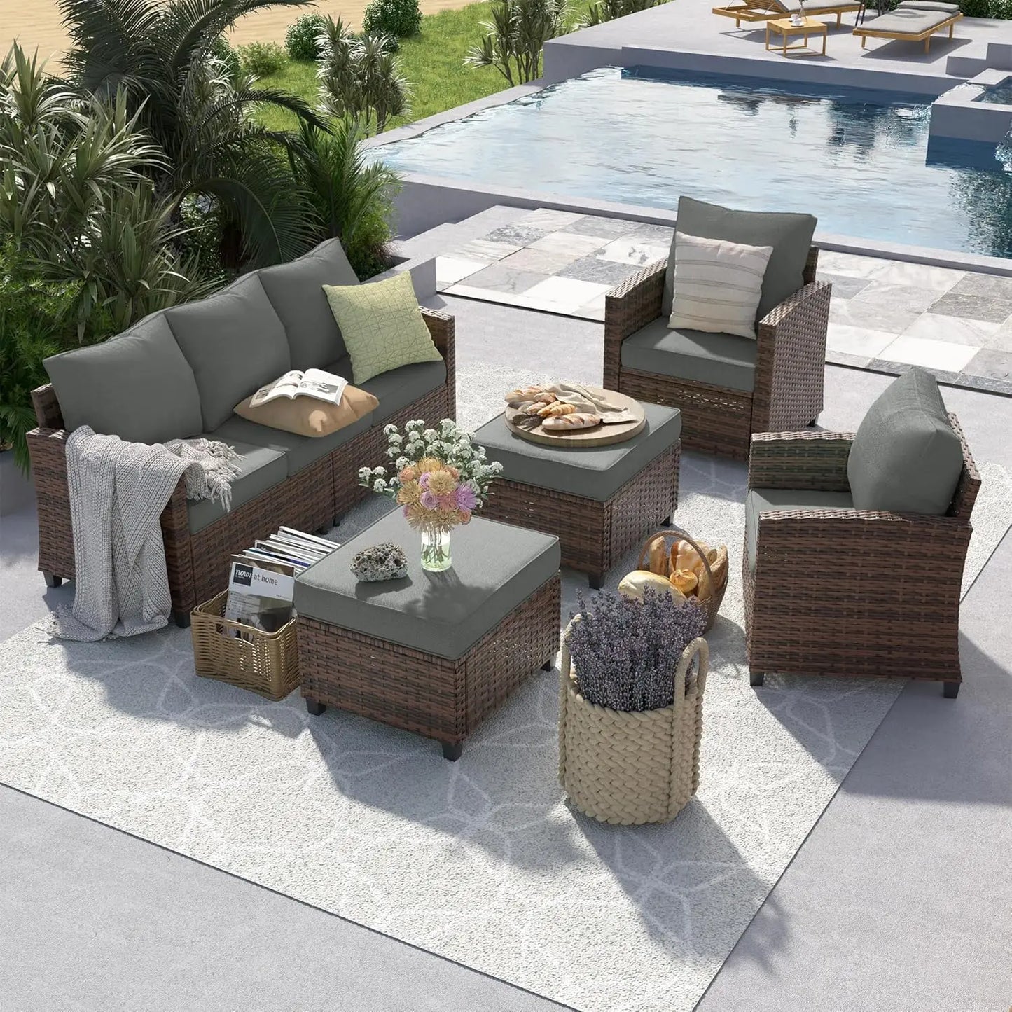 6 Pieces Sectional Conversation Patio Set with 44" Fire Pit Table