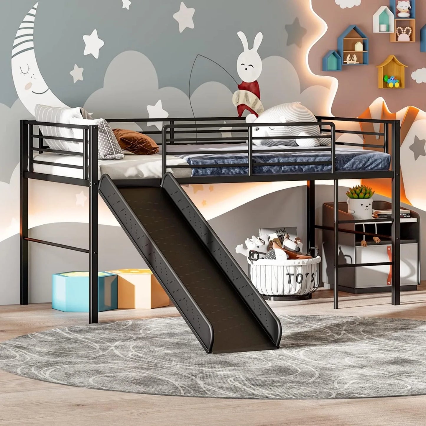 Kids Wood Twin Loft Bed Frame with Climbing Ladder & Storage Space for