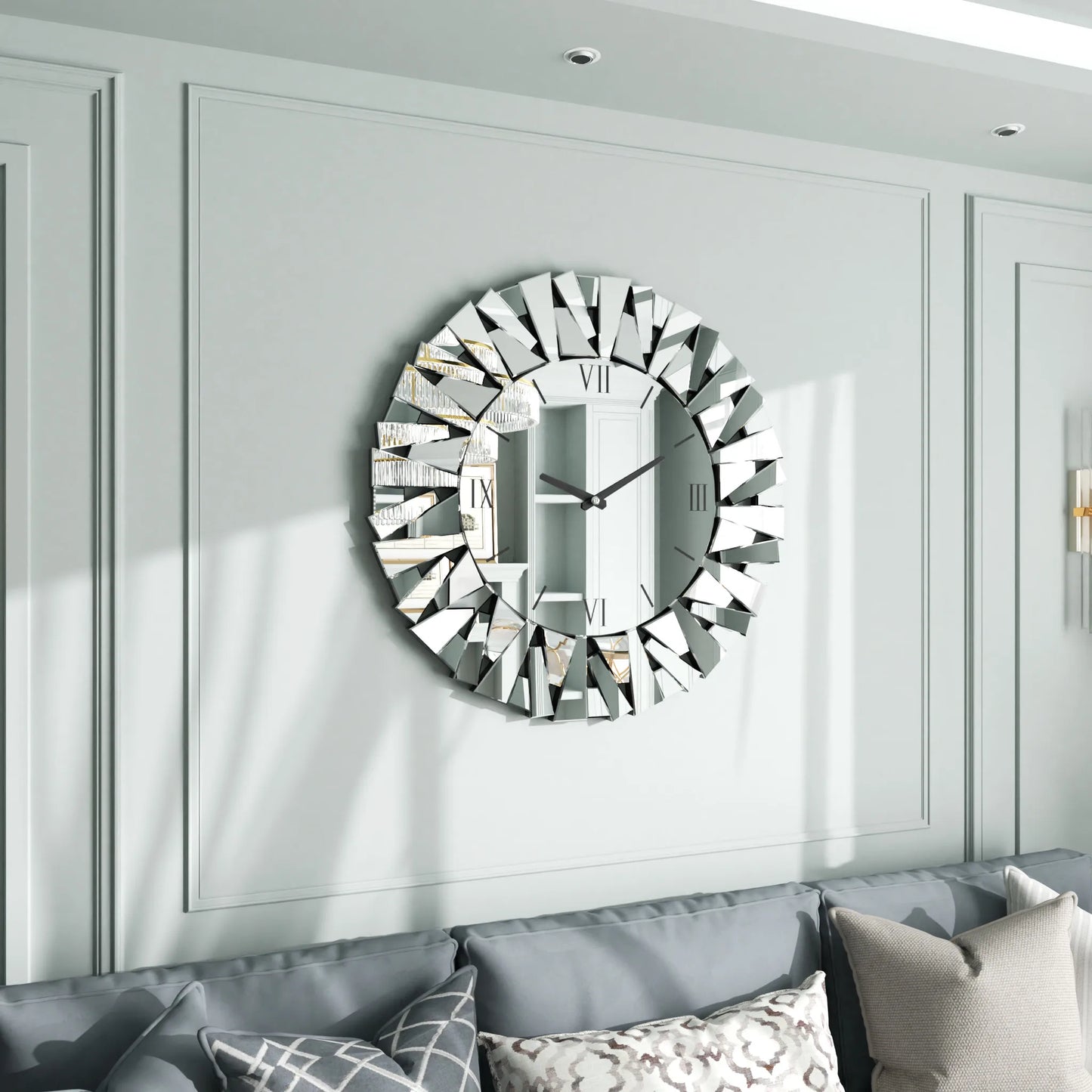 32 Inch Round Beveled Glass Edge Wall Mirror with Clock