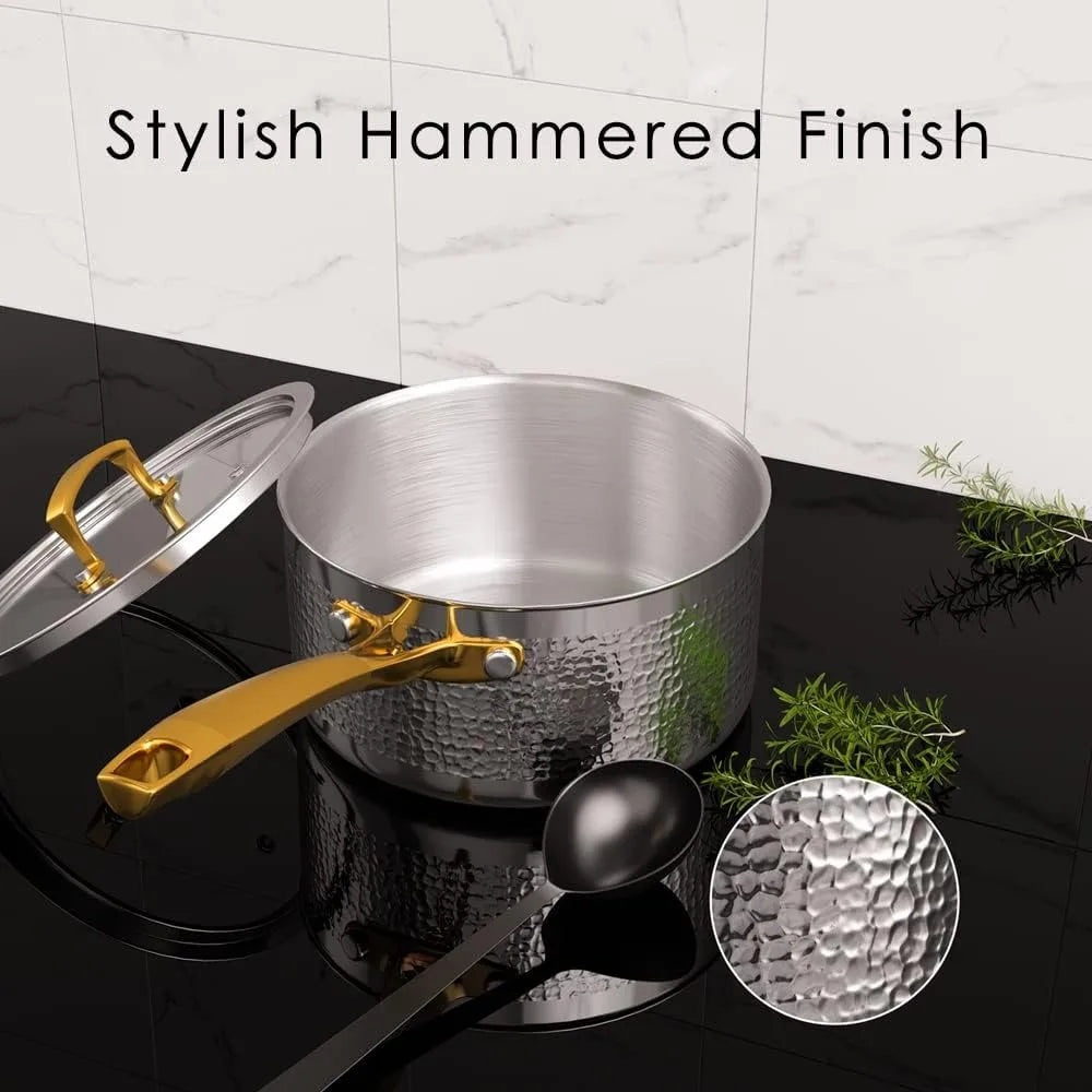 Tri-Ply Stainless Steel Hammered Kitchen Cookware Set, Induction Compatible, Dishwasher and Oven Safe,