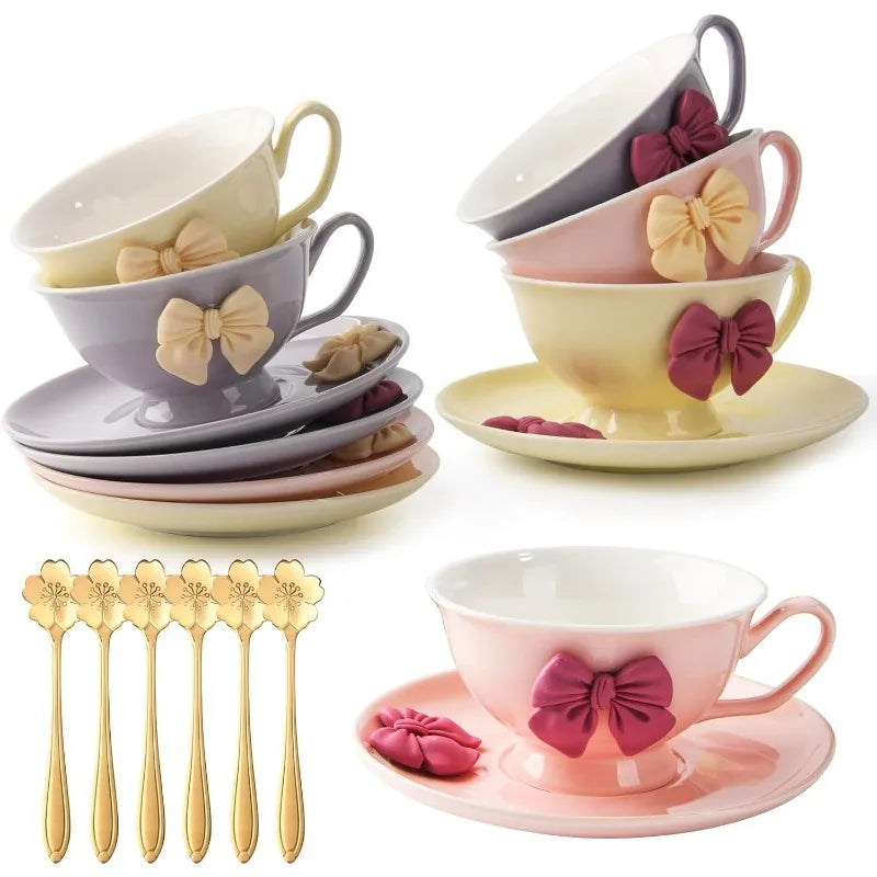 18-Piece Bone China Cups and Saucers Set of 6, (7.7oz) , Golden Spoon,