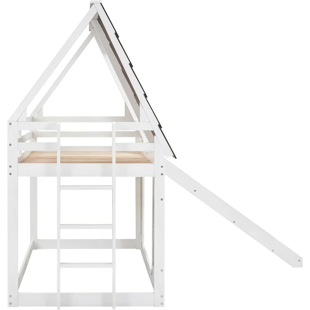 Twin Over Twin House Bunk Bed Frame with Roof, Window, Ladder and Slide