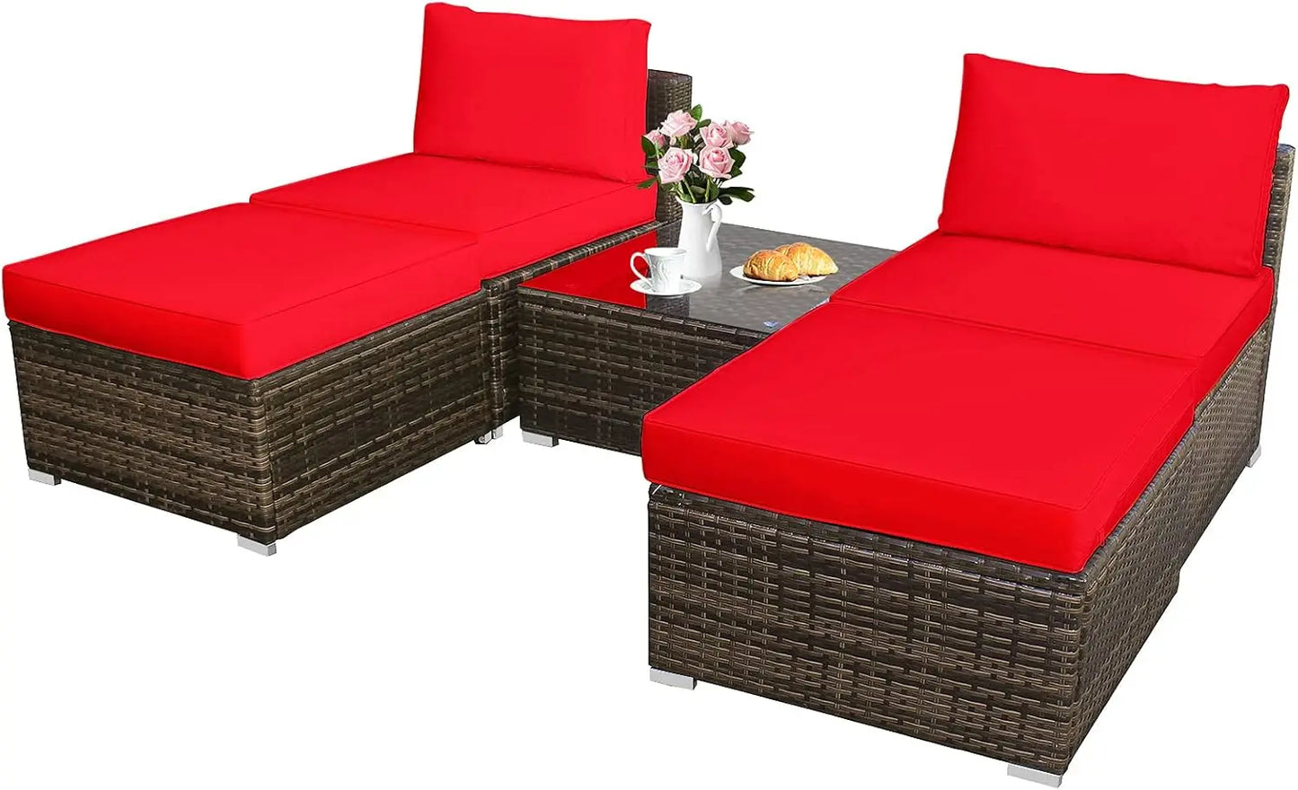 5 Piece Wicker Lounge Chair Set with Tempered Glass Coffee Table
