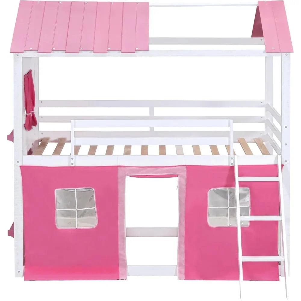 Kids House Loft Bunk Bed with Tent, Ladders, Guardrail, Windows & Roof