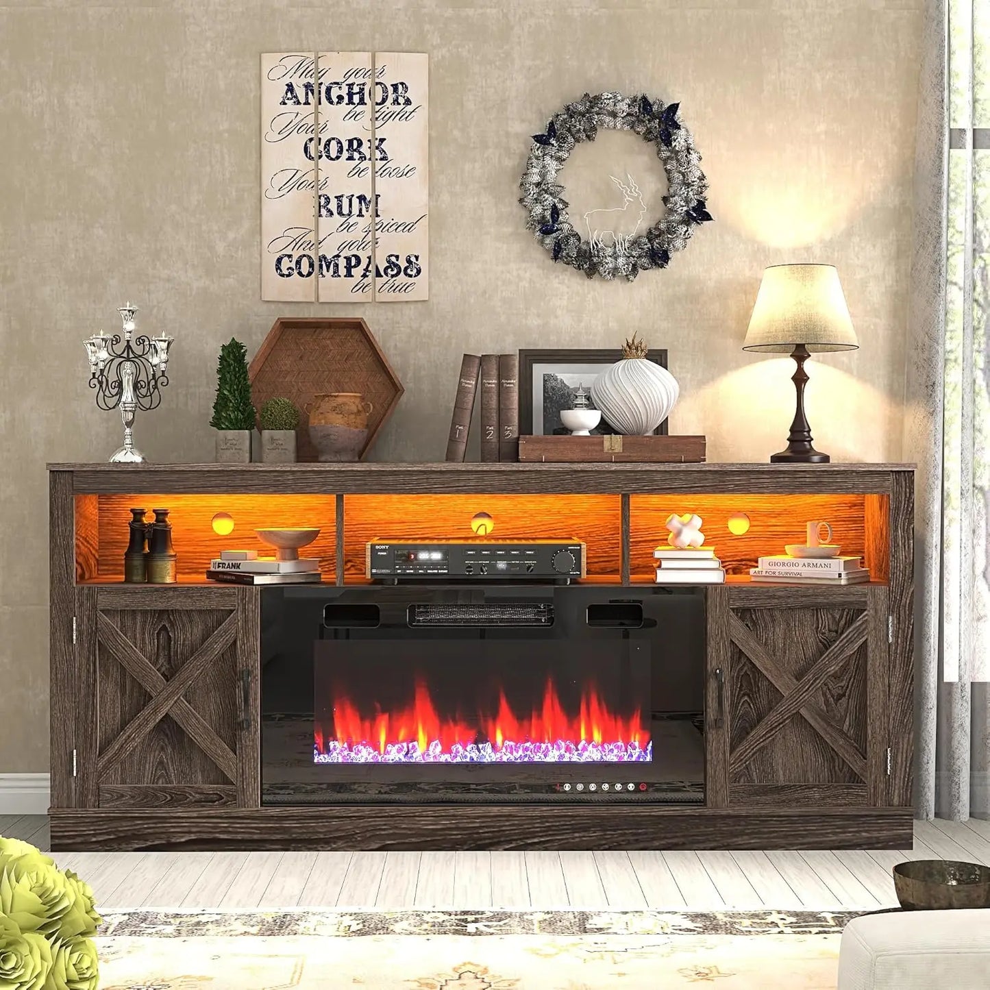 Farmhouse Fireplace TV Stand for 70/75/80 Inch TV 32”Tall Entertainment Center w/ 36”Electric Fireplace & LED Light