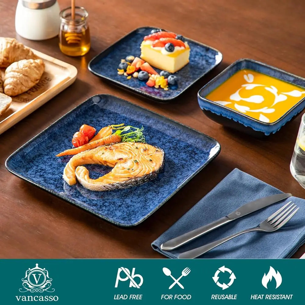 12 Piece Stern Blue Square Dinner Set