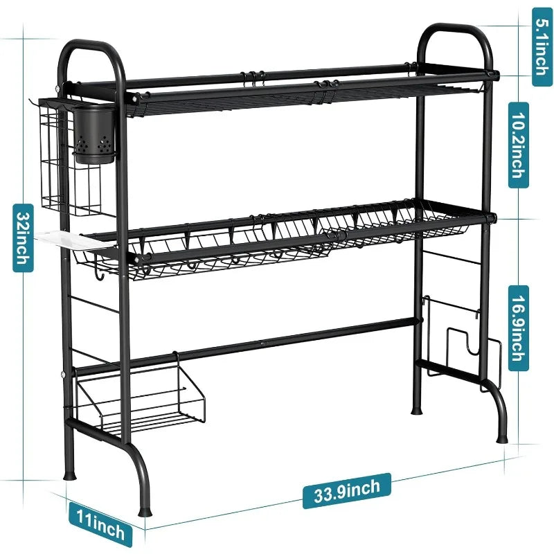 Stainless Steel 2-Tier Over The Sink Dish Drying Rack with Utensil Holder