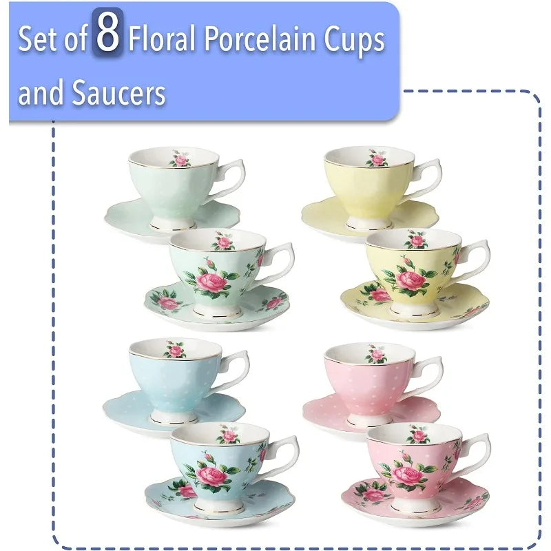 Set of 8 (8 oz), Floral Tea Cups and Saucers, Multi-Color with Gold Trim and Gift Box