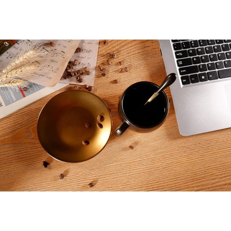 Black Gold European Style Ceramic Coffee Mug Set With Spoon & Saucer