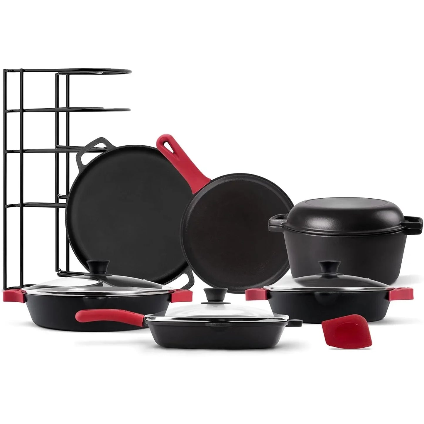 18-Piece Pre-seasoned Cast Iron Cookware Set: 10"+12" Skillets w/Lids + 5-Qt Dutch Oven + 10.5" Square Grill Pan