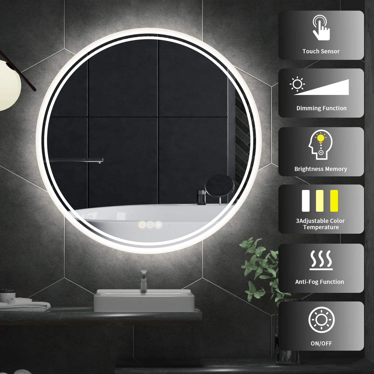 LED Touch Screen Dimmable Anti-fog Intelligent Illuminate Bathroom Mirror