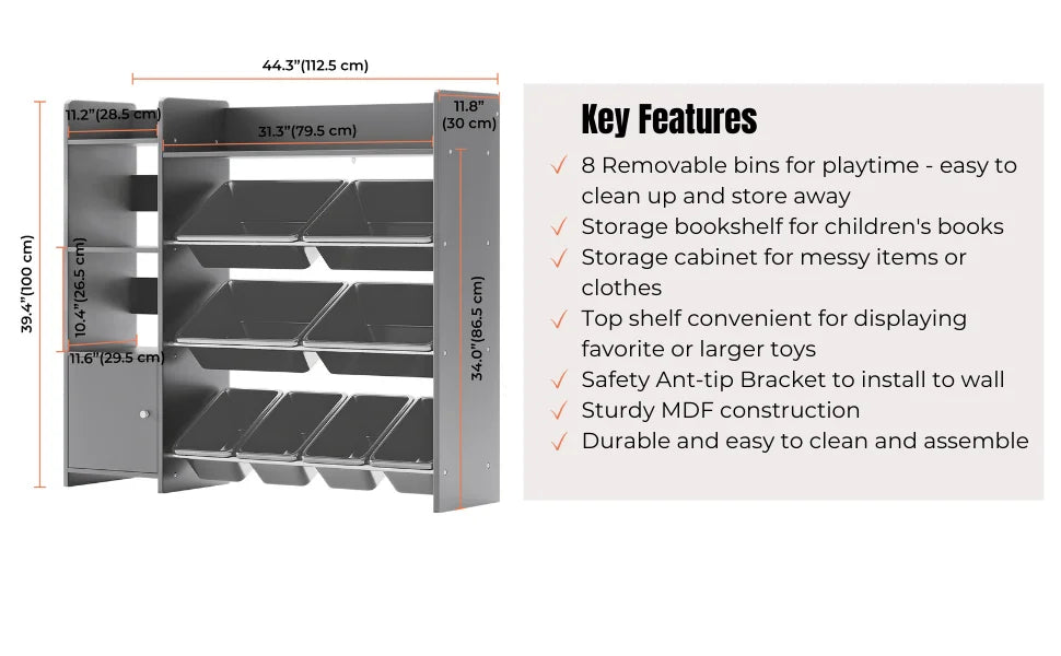 Kids Playroom Organization Shelving Unit with Removable Storage Bins