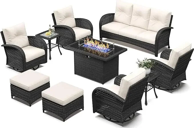 10 Piece High Back Wicker Rattan Patio Set with Fire Pit Table, Black /Navy Blue