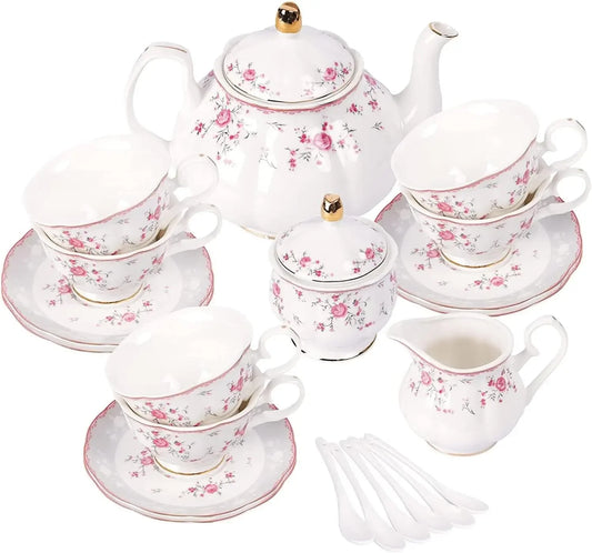 Vintage Pink Rose Floral Porcelain Tea Set for 6