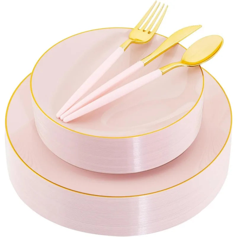 150PCS Clear-Gold Plastic Plates - Gold Plastic Silverware with Glitter Handle - 30 Guests