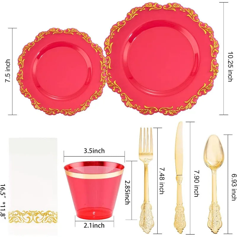 175PCS Clear Green Plastic Plates & Gold Plastic Silverware & Clear Green Cups & Gold Napkins, Service 25 Guest