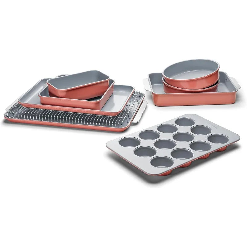 Nonstick Ceramic Bakeware Set (11 Pieces) - Baking Sheets, Assorted Baking Pans, Cooling Rack, & Storage