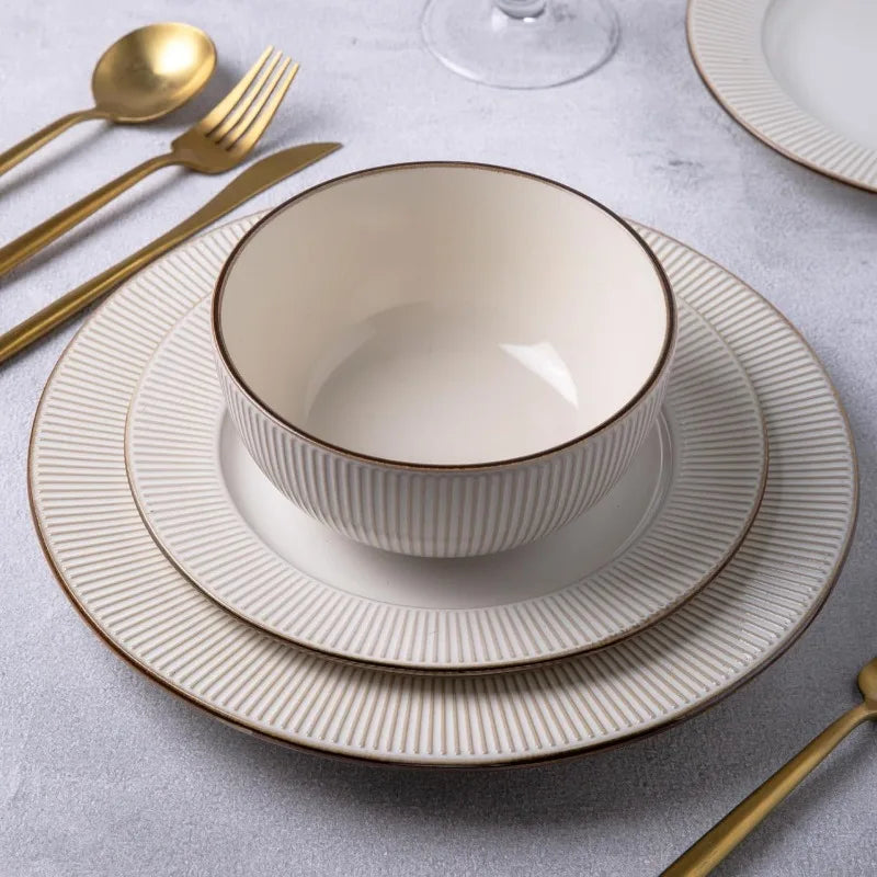 Embossed Elegant Stoneware Plates and Bowls Sets