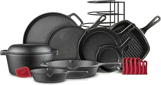 Pre-Seasoned Cast Iron Skillet Set - 8" + 10" + 12"-Inch Frying Pans + Silicone Handle Grip Covers