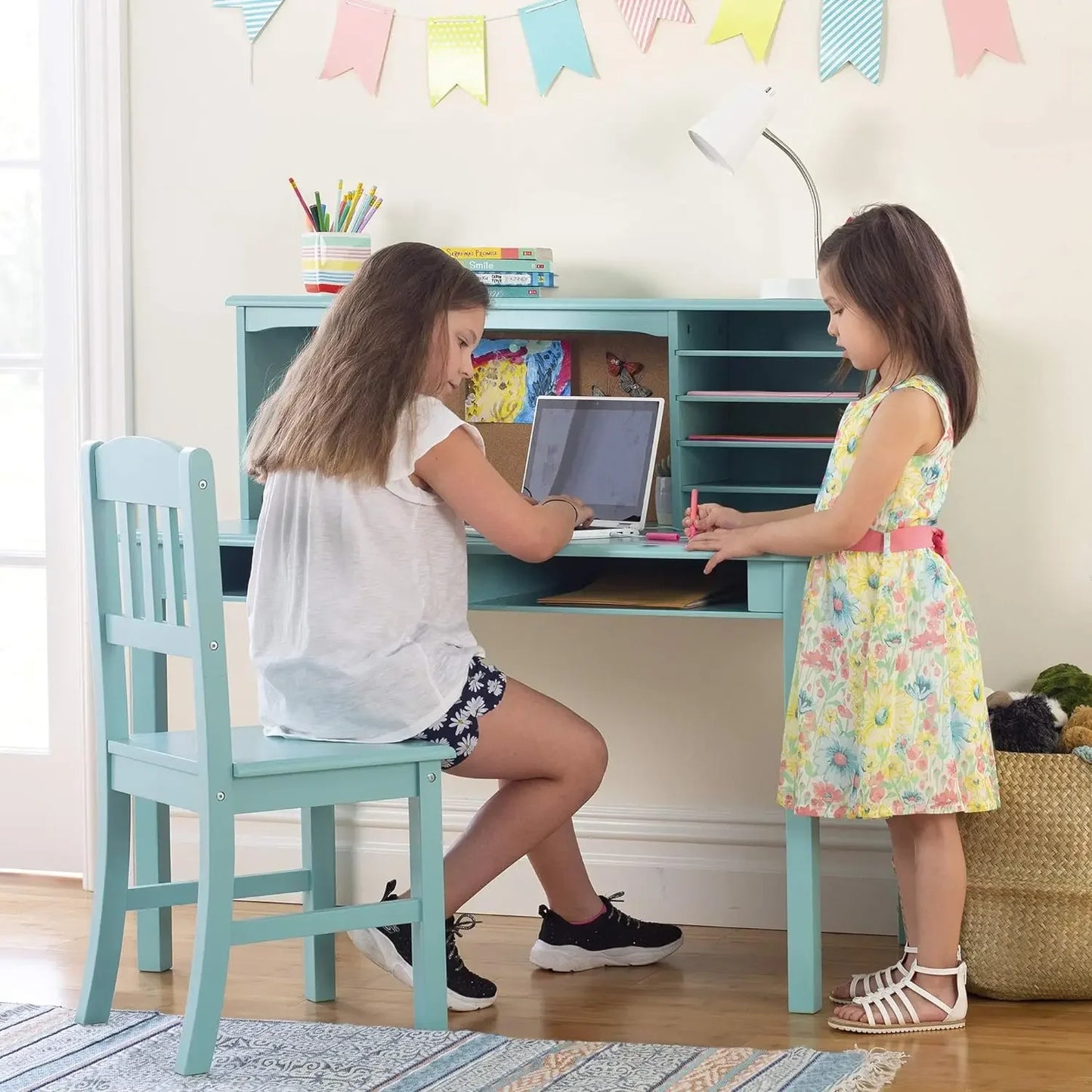 Children’s Wooden Media Desk and Chair Set with Hutch and Storage